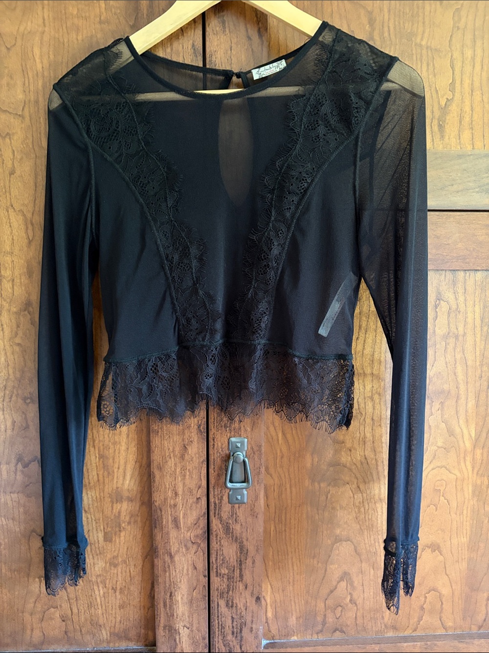Free People Black Sheer Lace-Trim Long-Sleeve Crop Top